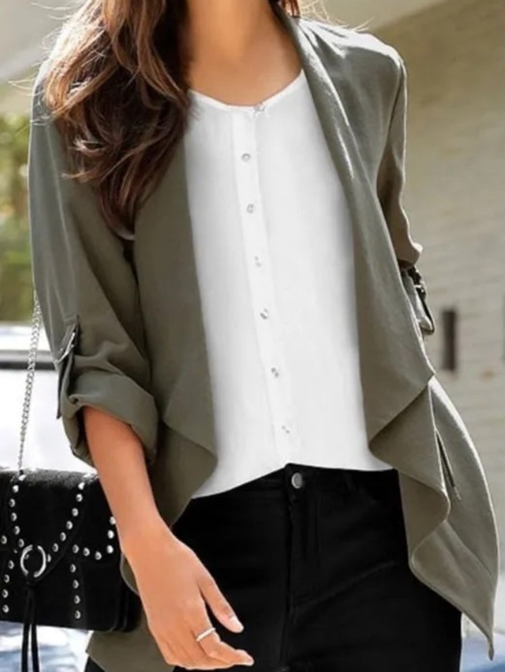 Soho Apparel Olive Green Draped Open Front Blazer